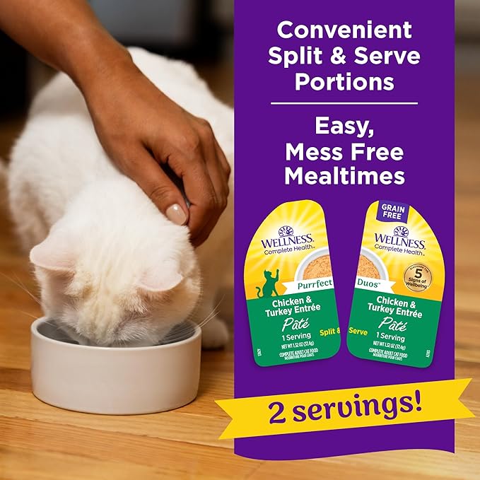 Wellness Complete Health Purrfect Duos Pate Adult Wet Cat Food, Natural, Protein Rich, Grain Free, Chicken and Turkey Entrée Recipe, 2.64 oz, Pack of 12 Split Cups