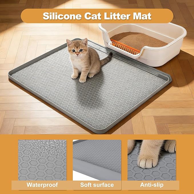 Cat Litter Mat, 24''x20'' Waterproof Silicone Litter Trapping Mat for Litter Box, Soft on Kitty Paws Non-Slip & Easy to Clean (Light Grey)