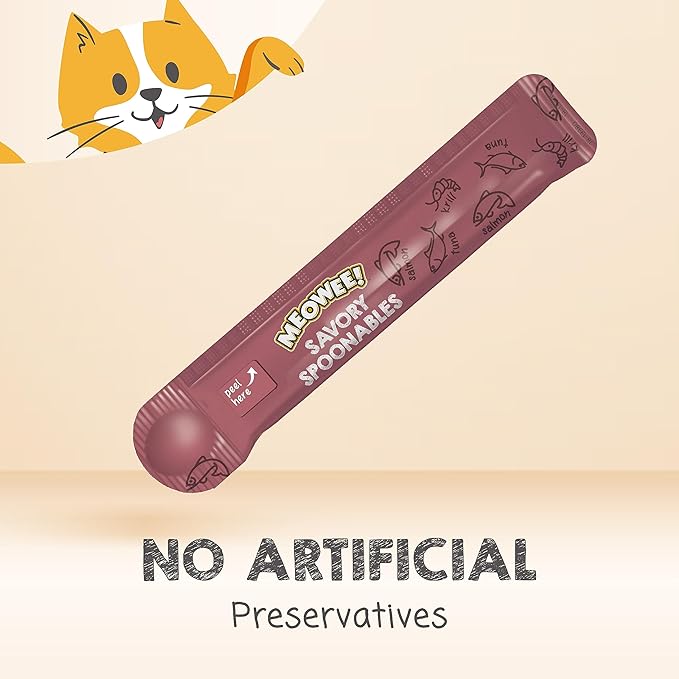 MEOWEE! Savory Spoonables with Real Salmon, Tuna and Krill for Cats, 4 Count, Treat Your Cat to Triple Flavor Squeezable Lickable Wet Treats with Built-in Spoon for Less Mess (Pack of 2)