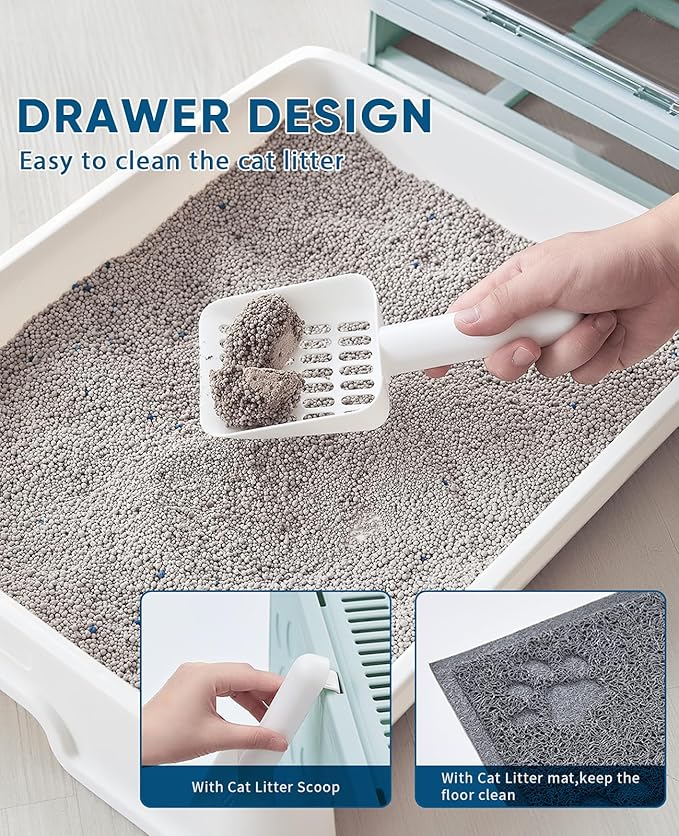 Medario Cat Litter Box with Litter Mat and Scoop, Large Covered Litter Box with Lid, Enclosed Kitty Box, Front Entry Top Exit, Odor Control, Easy to Clean (Blue)