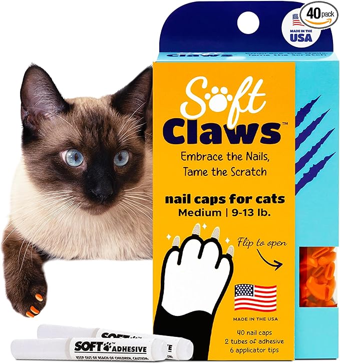 Soft Claws Cat Nail Caps for Medium Cats – (40 Caps, Orange) - Made in USA - Veterinarian-Developed | Protects Furniture & Skin - Easy to Apply, Long-Lasting Anti-Scratch Soft Cat Claw Covers