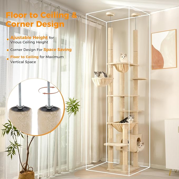 Floor to Ceiling Cat Tree Corner Cat Tower with Adjustable Height 88.9-109 inches (226-279cm) with Large Hammocks,Condo,Multi Platforms and Scratching Post for Indoor Cats-Beige Dual Posts