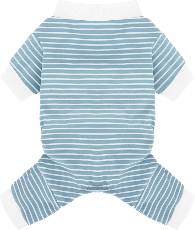 Paiaite Blue Striped Dog Pajamas: 4-Legged Cotton Stretchable Jumpsuit Pjs - Lightweight Cozy Puppy Onesie Clothes, Comfortable Pet Sleepwear for Hair Shedding Coverage S