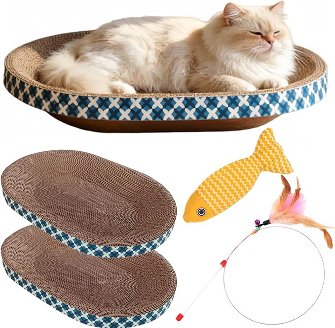 Cat Scratcher Bed with Toys, 2 Pack Oval Cat Scratcher Cardboard, Indoor Cat Scratch Bowl, Large Cat Scratching Board with Catnip Fish Toy & Feather Wand for Furniture Protector,Blue