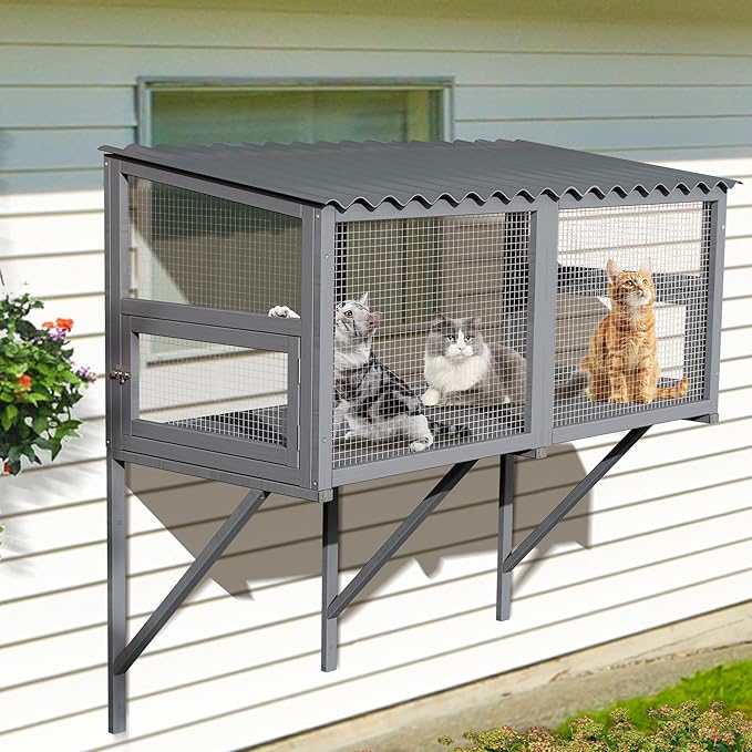 Cat Catio, Cat Window Box for Multiple Indoor Cats, Catio Pet Perch with Metal Mesh Locking Side Door, Wooden Enclosure Window All Weather Use 360° Enjoying Outdoors (Gray, Large)