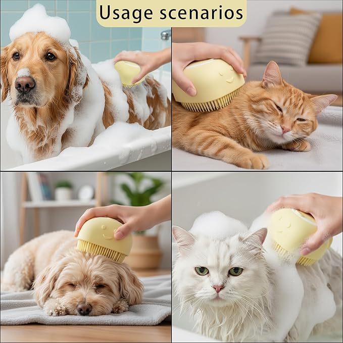 Pet Bath Massage Brush,Pet Bath Brush with Shampoo Dispenser,with Dog Grooming Comb,Suitable for Long and Short haired Dogs and Cats(Yellow)