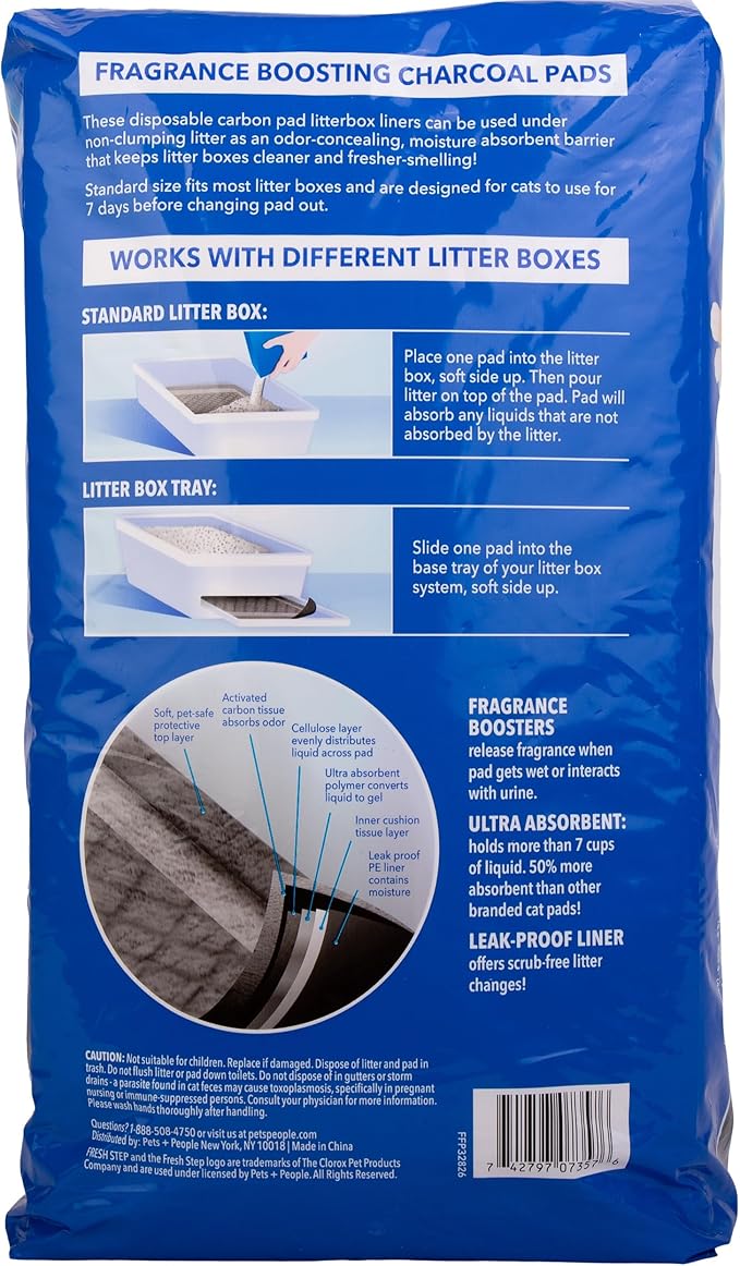 Fresh Step Charcoal Litter Box Pads with Activated Carbon for Odor Control, Ultra-Absorbent with Leak-Proof Bottom for Scrub-Free Cleanup, 16.9 x 11.4 Inches, 7 Count