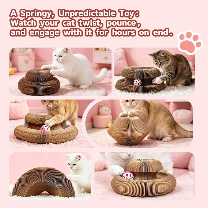 Heart Magic Organ Cat Scratcher, Foldable Accordion Heart Shaped Scratching Board with Bell Ball, Recycled Cardboard Interactive Scratch Pad for Indoor Cats & Kittens