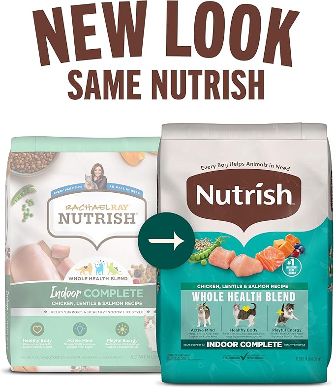 Nutrish Indoor Complete Dry Cat Food, Chicken, Lentils & Salmon Recipe (Rachael Ray), 3 lb. Bag