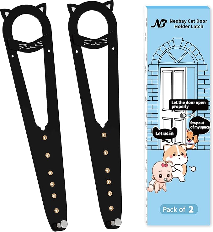 Neobay Cat Door Latch with Stabilizer, 7 Sizes Adjustable Cat Door Holder Latch, Keeps Dog Out of Litter Box, No-Drill Alternative to Pet Gates & Interior Cat Door, Black, 2 Packs