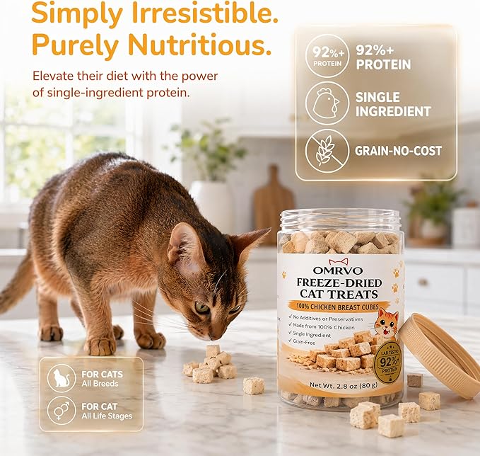Freeze-Dried Cat Treats, 92%+ High Protein Chicken Breast Cubes, Single Ingredient Grain-Free Cat Snacks & Food Topper for Kittens & Adult Cats, 2.8 oz