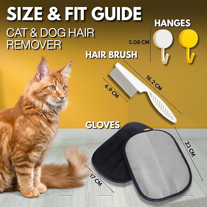 Pet Hair Removal Gloves for Cats & Dogs – 2 Gloves, 2 Hangers & 1 Comb, Double-Sided Reusable Electrostatic Mitts for Couch, Carpet & Car Seat
