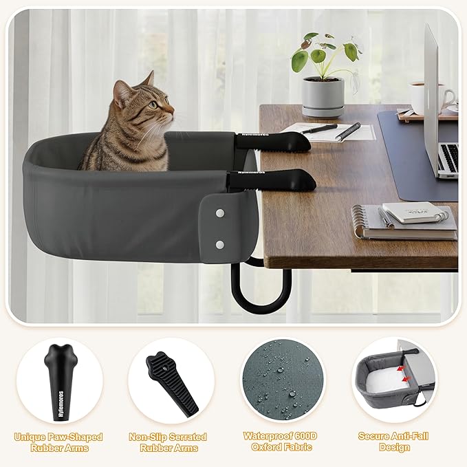 Cat Desk Bed with Cooling Mat for Summer Heavy Duty Cat Bed for Desk Attachment for Large Cats 50 lbs Extra Sturdy Dog Chair Dual-Sided Mat Waterproof Easy Assembly for Gaming Desk Kitchen Island Gray