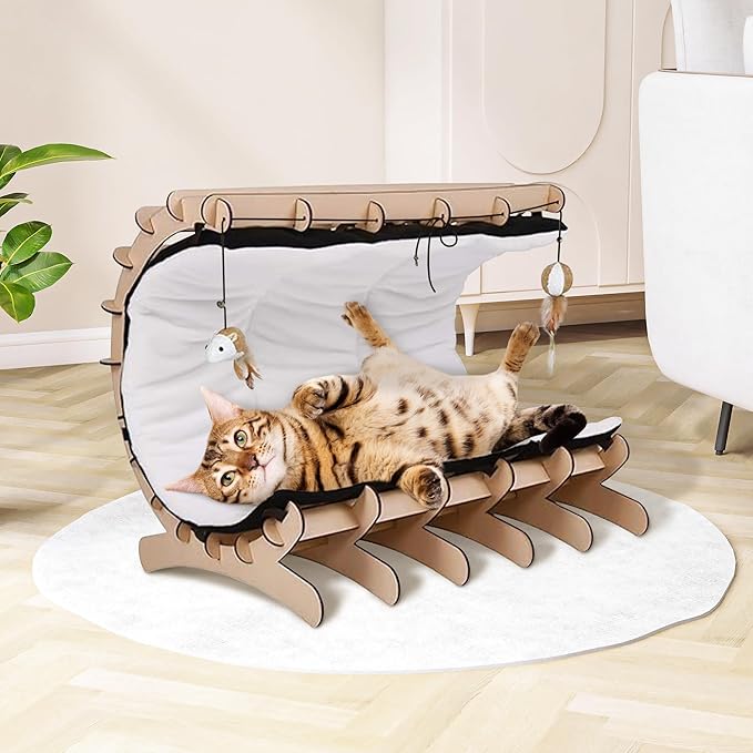 Jerry & Maggie Cat Hammock Bed for Cat Lounger, Wood Cat Beds for Indoor Cats, Cute Kitty House Furniture Toy with Soft Cozy Washable Removable Seat for Sleeping Playing and Lounging, C Shape
