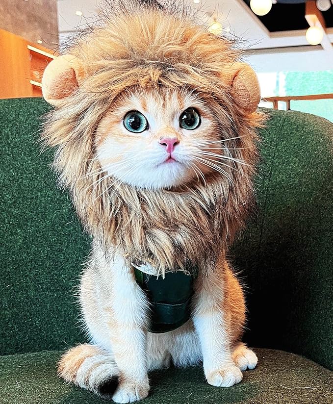 Lion Mane Wig for Cat Costume Pet Adjustable Washable Comfortable Fancy Lion Hair Cat Clothes Dress for Halloween Christmas Easter Festival Party Activity (Large, Brown)