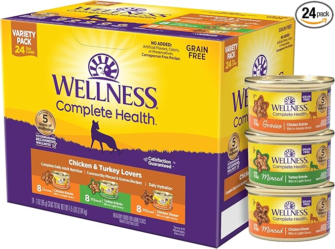 Wellness Complete Health Gravy and Minced Variety Pack Adult Canned Wet Cat Food, Natural, Protein Rich, Grain Free, Chicken and Turkey Lovers, 3 oz, Pack of 24 Cans