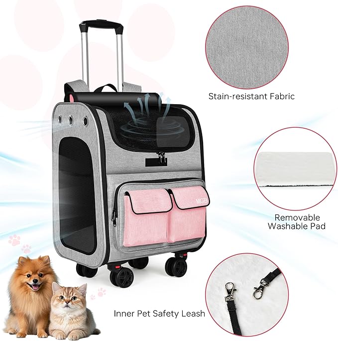MGB Large Pet Carrier, Foldable Rolling Dog Carrier with Removable Wheels, Cat Rolling Bag 21.3"x15"x12.2" for 2 Cats & 1 Dog for Travel, Outdoor, Vet Visits, Camping, Indoor. Pink. (Not for Airline)