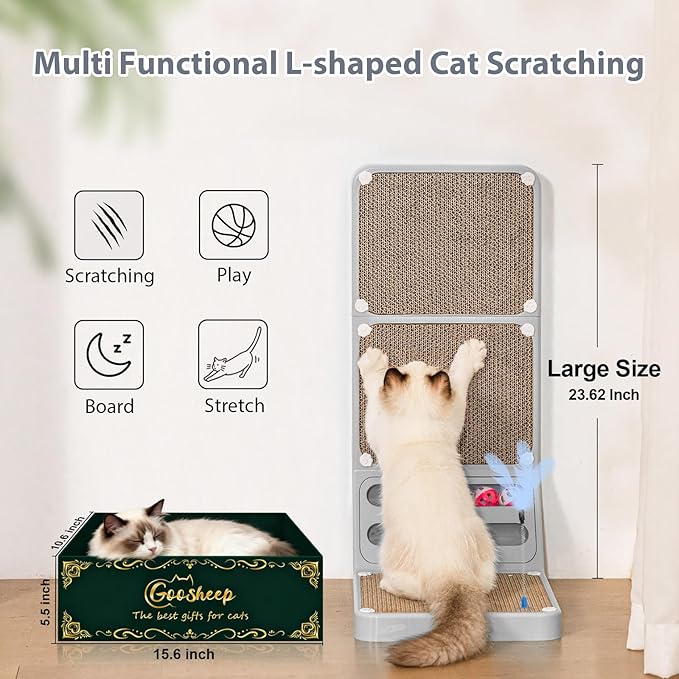 Goosheep Cat Scratching Board Cat Scratching Post,2-in1 L Shaped Cats Cardboard Scratcher with Box, Kitten Scratcher Ball Wall Scratchers Pad for Indoor Cats Grey