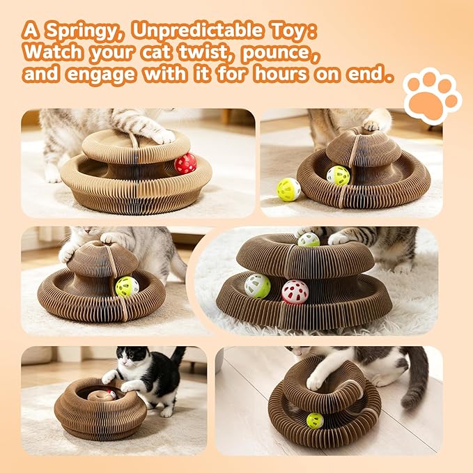 Magic Organ Cat Scratcher, Foldable Accordion Scratching Board with Bell Ball, Interactive Pizza Style Cardboard Scratch Pad, Reversible Toy for Indoor Cats