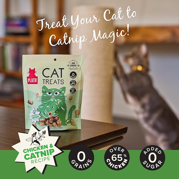 PLATO Pet Treats Cat Treats - Single Ingredient, Healthy Chicken Catnip Treats for Indoor Cats - Air Dried - 2.5 oz (Pack of 2)