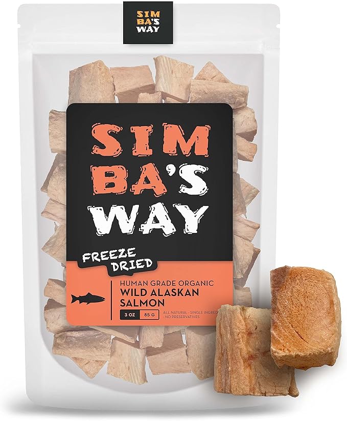 SIMBA'S WAY -Freeze Dried- RAW SKINLESS Wild Caught Alaskan Salmon Dog Treats and Cat Treats, Human Grade, Single Ingredient, All Natural, Grain-Free, Made in The USA. [3 .oz] [1 PK]
