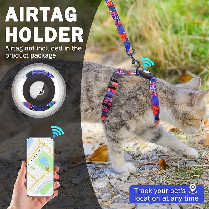 SCENEREAL Adjustable Cat Harness and Leash Set with AirTag Holder, Escape-Proof Design for Small to Large Cats, Lightweight Soft Travel Harness, Navy Blue