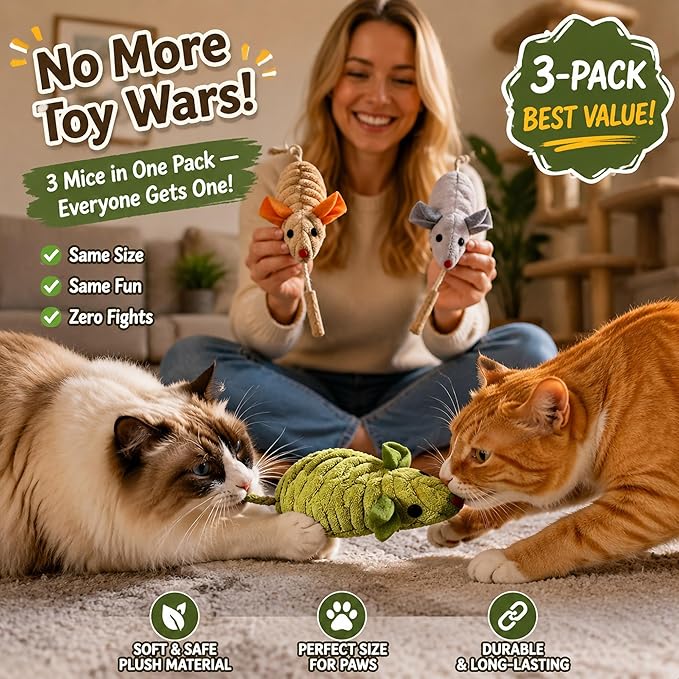 3Pcs Cat Toys Squeak Mice Catnip Toys for Indoor Cat Dental Chirping Mouse Plush Kitten Stuffed Toy Cleaning Teeth Matatabi Bite Interactive Cat Gifts Kitty Toy