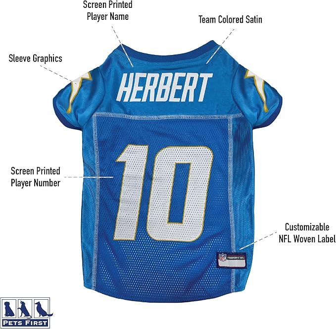 NFLPA Justin Herbert PET Jersey, NFL Dog Shirt, Size Small, Los Angeles Chargers Mesh Jersey for Dogs