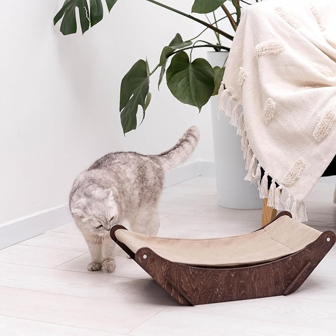 Cat Hammock Bed Wall Mount - Elevated Cat Beds for Indoor Cats - Floor Cat Hammock Wood Sleeper Cat Bed - Cat Furniture Indoor Cats Rustic Shelves Cat Decor Cat Lover Gift (Floor Hammock)