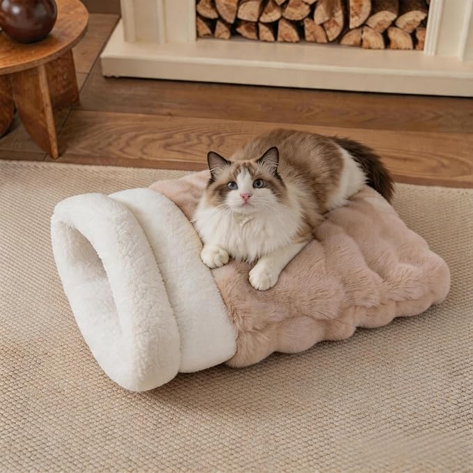 4 in 1 Self Warming Burrow Cat Bed, Pet Hideway Sleeping Cuddle Cave (Style- Camel)