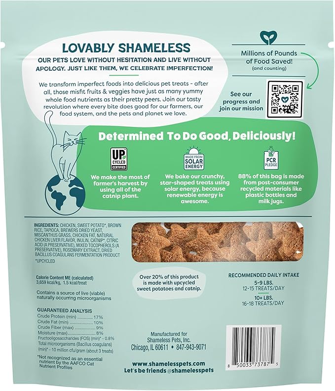 Shameless Pets Crunchy Cat Snacks & Treats – Healthy Cat Treats for Indoor Cats & Kittens with Catnip, Real Chicken & Digestive Support, Catnip N Chill (12 oz)