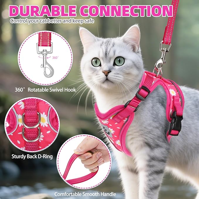 PUPTECK Cat Harness and Leash Set Escape Proof Reflective Cat Walking Harness Adjustable Soft Breathable Mesh Vest for Small Pets, Fuchsia Dasiy, S