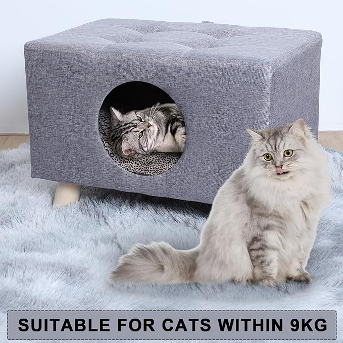 Cat Nest, Wooden Pet House Ben with Mat, Cat or Dog Furniture Bed - Wooden Feet, Enclosed Design Cat Cube, Cozy Condo Cave, 18.7x10.2x11.8 Inch (Grey) 1 Set