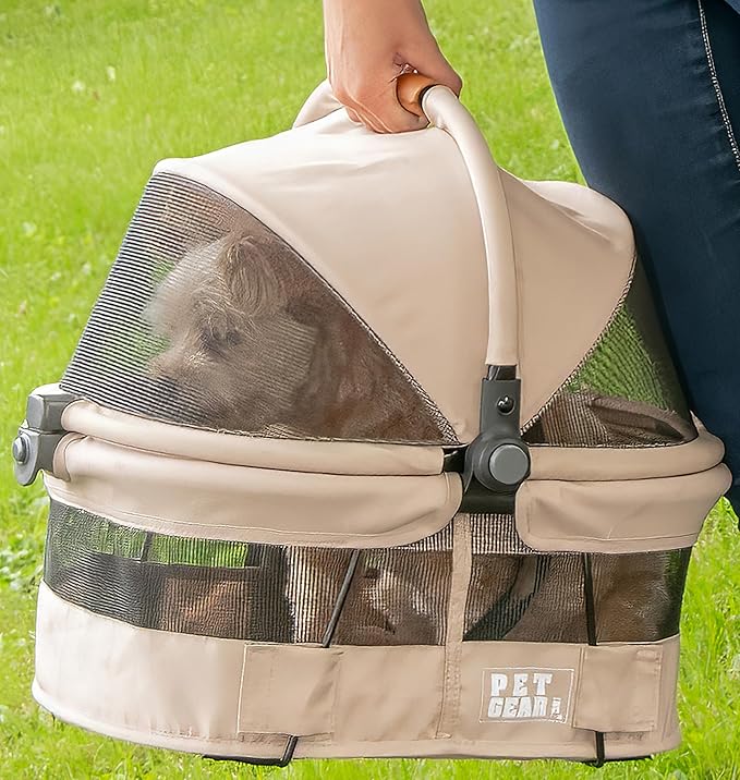 Pet Gear No-Zip View 360 Ultra Lite Pet Safety Carrier & Car Seat for Small Dogs & Cats Push Button Entry, View 360 15-inch, Wheat