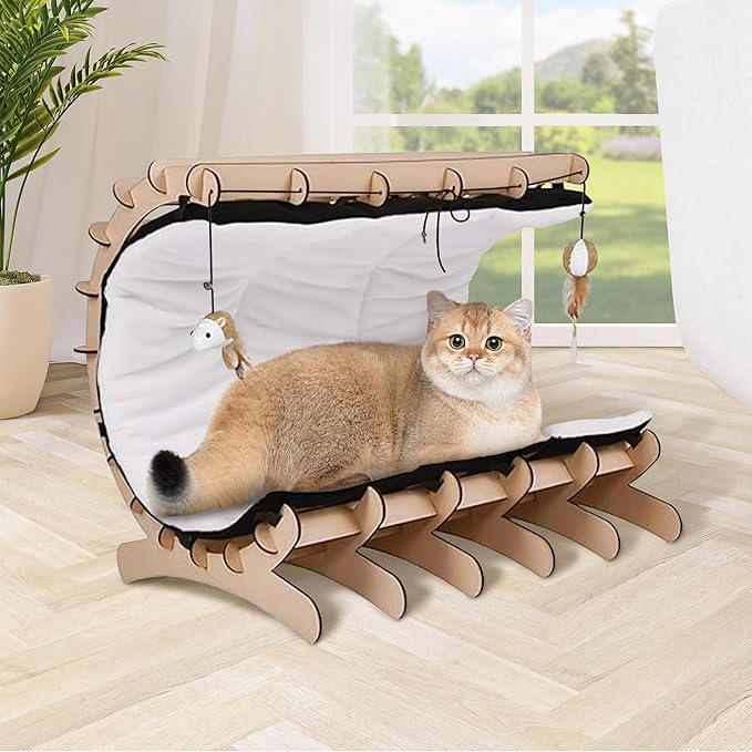 Jerry & Maggie Cat Hammock Bed for Cat Lounger, Wood Cat Beds for Indoor Cats, Cute Kitty House Furniture Toy with Soft Cozy Washable Removable Seat for Sleeping Playing and Lounging, C Shape