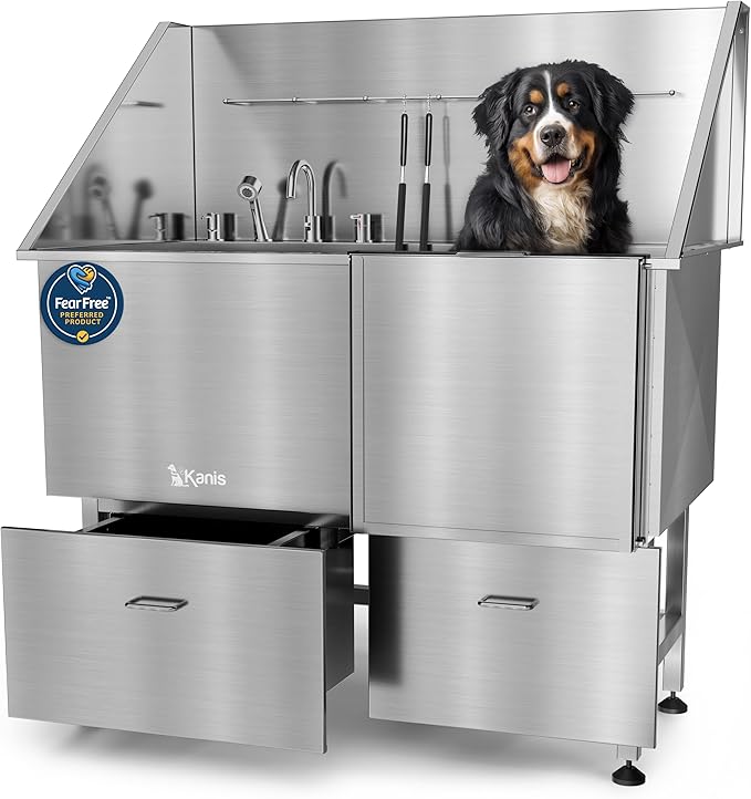 KANIS Professional Dog Washing Station 304 Stainless Steel Pet Wash Sink & Grooming Bathtub w/Shower, Floor Grates and Storage for Large, Medium & Small Pets (Silver, 50 Inches, Right Ramp, 2 Drawers)