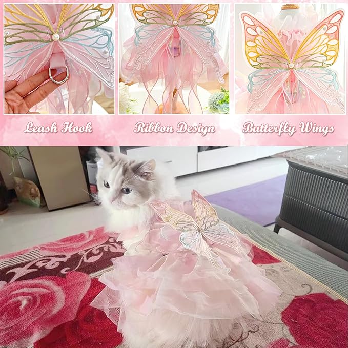BAMY Butterfly Wings Dog Dress Summer Pet Wedding Skirt Lace Princess Tutu Cute Party Cat Outfit for Small Medium Dogs (Pink, XL (Chest 22.8inch/ 58cm))