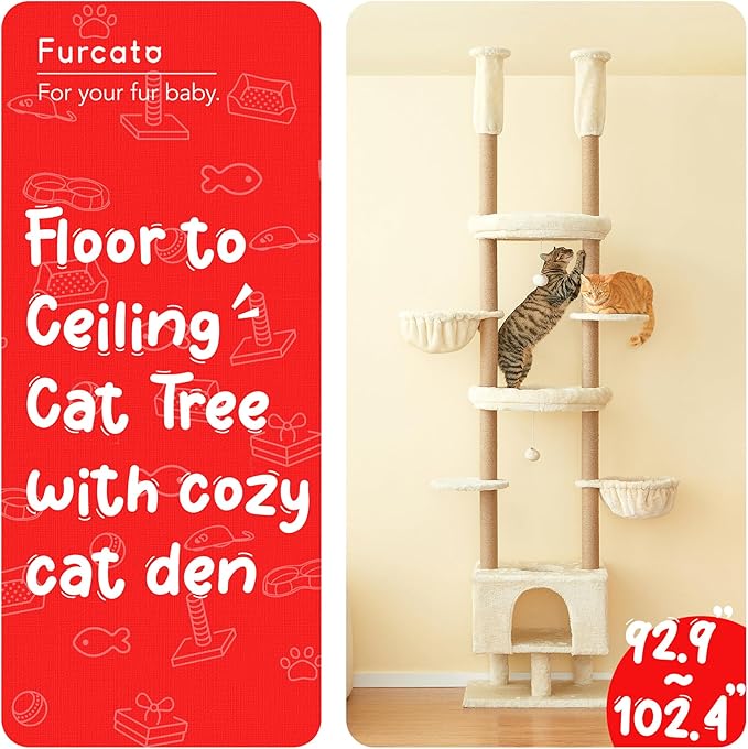 Cat Tree, Floor to Ceiling Cat Tower Adjustable Height [92.9-102.4 in=235-258cm], 7 Tiers Cat Climbing Play House with Fully Sisal Scratching Post, Cozy Condo & Hammocks for Indoor Cats, Beige