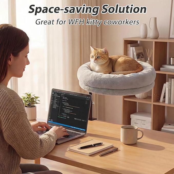 Sunhoo Cat Desk Bed 360° Rotating Height Adjustable Desktop Mount Hammock Kitten Perch Easy Setup Kitty Nest Table Clamp-on Attachment for Indoor Cats Washable 17" Diameter Hold Up to 40lbs（Grey）