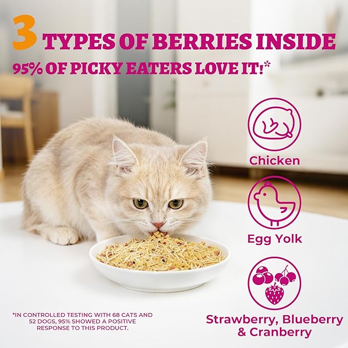 Wellix Freeze Dried Cat & Dog Treats - High Protein Cat Food Toppers with 3 Berries Added (Blueberry/Strawberry/Cranberry for Dogs) - Cat Treats for Indoor Cats 7.05oz