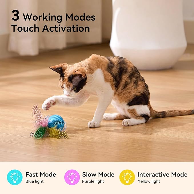 ZOMISIA Interactive Cat Toy Ball, Hide and Seek Cat Toys in Play Mat, Moving Rolling Kitten Toys for Indoor Bored Cats, Motion Activated Rechargeable Kitty Toys with 3 Tails/LED Light/Bird Chirping