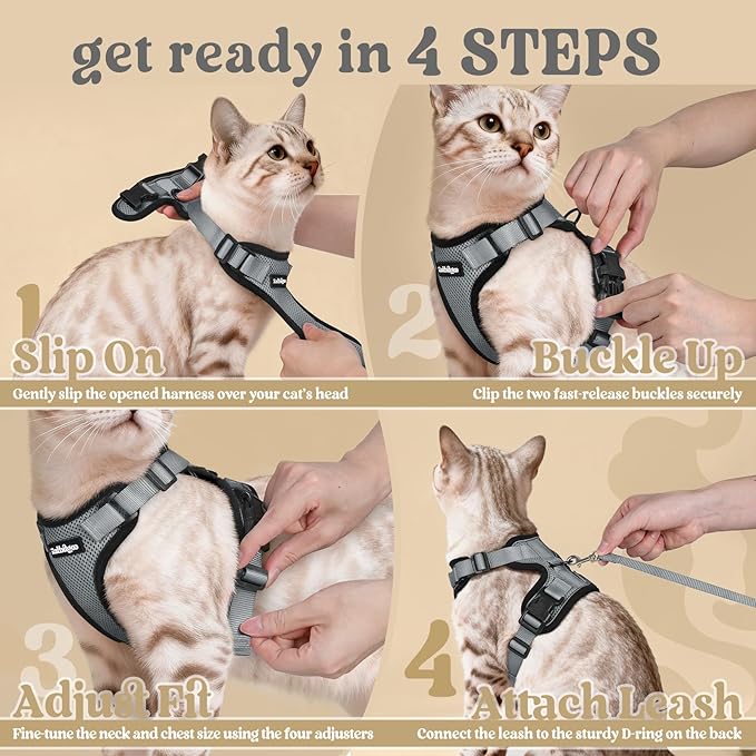rabbitgoo Cat Harness and Leash for Walking, Escape Proof Soft Adjustable Vest Harnesses for Cats, Easy Control Breathable Reflective Strips Jacket, Grey, XXS