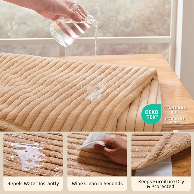 Qeils Waterproof Calming Dog Blanket for Large Dogs, Noiseless Soft Plush Pet Blanket for Bed, 500GSM Thick Faux Fur Pet Throw, Cozy Couch Furniture Protection Washable, Sand Beige, 50x60IN
