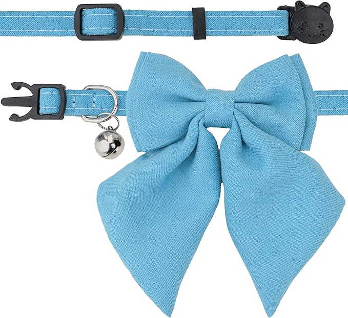 Cat Collar with Bow Tie Bell Breakaway Kitten Small Pet Safety Solid Wedding Basic Pure Color Suede Soft Adjustable Sailor Bow-[1pc] Blue