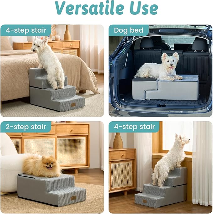 COZY KISS Dog Stairs for Small Dogs, 4 Tier Removable Wider Pet Stairs for Couch and Bed, 17.7" H Dog Steps for Old Cats, Puppy, Small Dogs, 17.7x23.6x17.7 inch, Gray