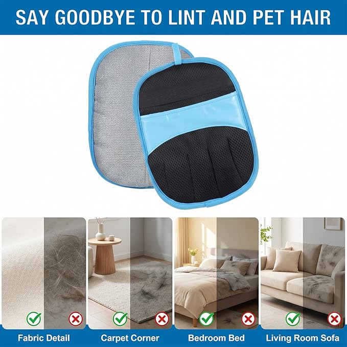 2 PCS Pet Hair Removal Glove for Dogs Cats Reusable Five-Finger Pet Hair Removal Tool Electrostatic Magic Brush Pets Grooming Supplies for Laundry Furniture Couch Carpet Car Seat Home Travel