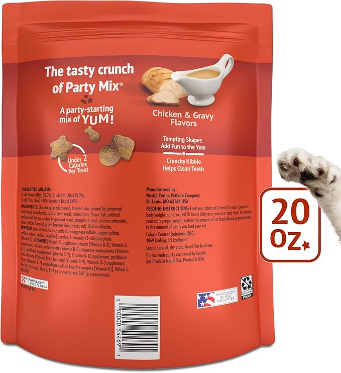 Friskies Purina Cat Treats, Party Mix Gravy-Licious Crunch Chicken and Gravy Flavors - 20 oz. Pouch (Pack of 2)