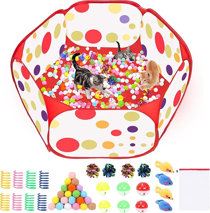 Cat Ball Pit for Cats, Include 226 Pcs Interactive Cat Toy for Indoor Kittens, Cat Enrichment Toys for Bored Indoor Cats Self Play Kitty Toys Bundle Pack Entertainment (Red)
