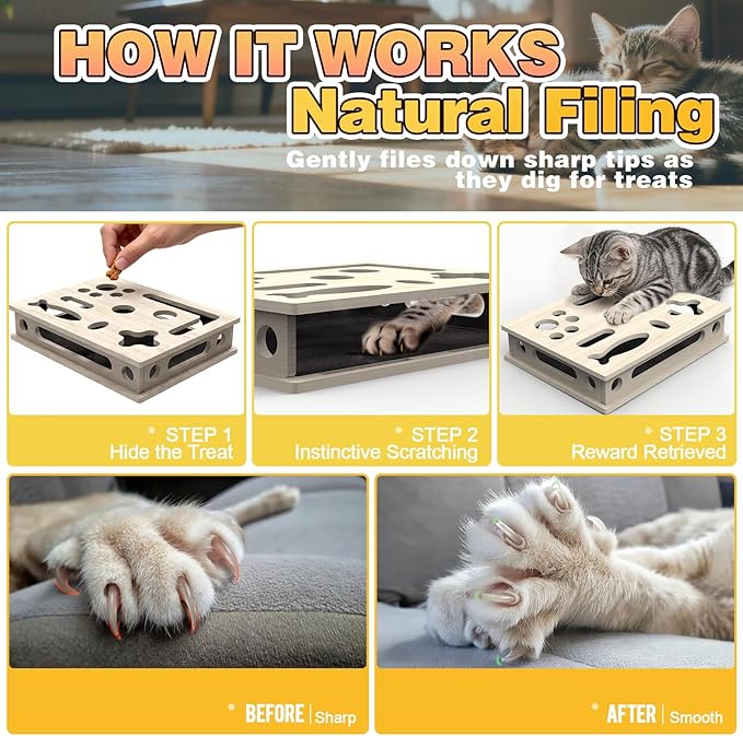 Cat Scratch Puzzle Enrichment Box, Interactive Cat Nail File Box with Sandpaper Liner for Cat Claw Care, Cat Scratch Puzzle Box - Stress Free Alternative to Clippers & Grinders for Indoor Cats