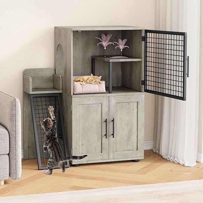 IDEALHOUSE Modern Cat Litter Box Enclosure with Platform, Double Layer Hidden Litter Box, Indoor Washroom, Villa Cat House with Ladder, 33.5" l x 17.9" w x 41.9" h,Grey